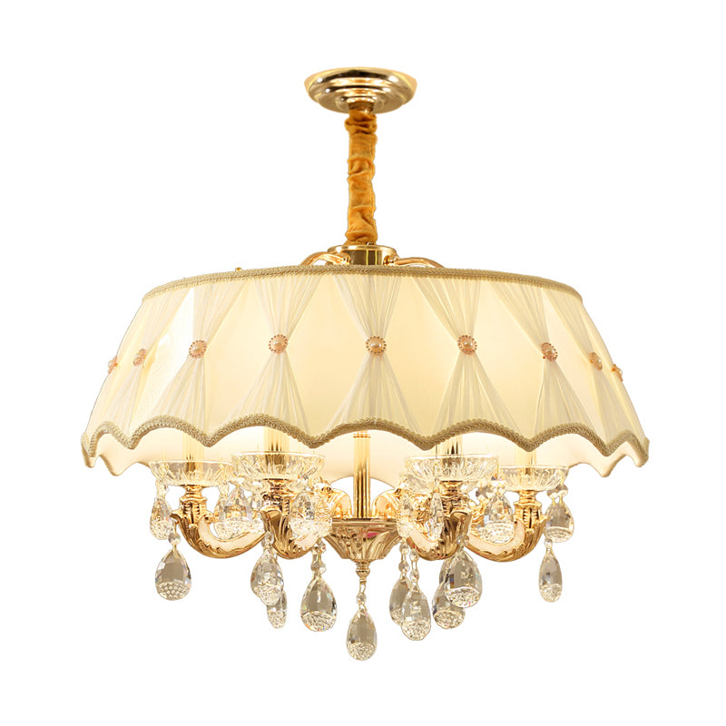 Beige 5 Heads Chandelier Lamp Modernism Crystal Drop Scalloped Suspension Lighting Clearhalo 'Ceiling Lights' 'Chandeliers' Lighting' options 286378