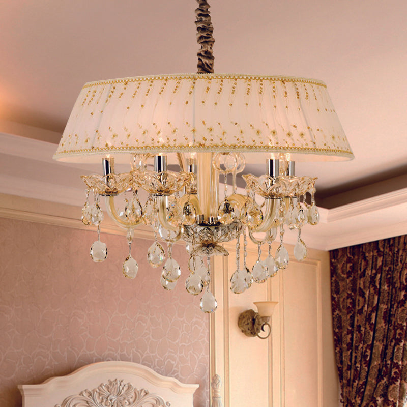 Drum Living Room Chandelier Light Contemporary Fabric 4 Heads Beige Hanging Lamp with Crystal Drop Beige Clearhalo 'Ceiling Lights' 'Chandeliers' Lighting' options 286381_4d93b20b-6d3a-41d4-9749-eb5d798ba0ba