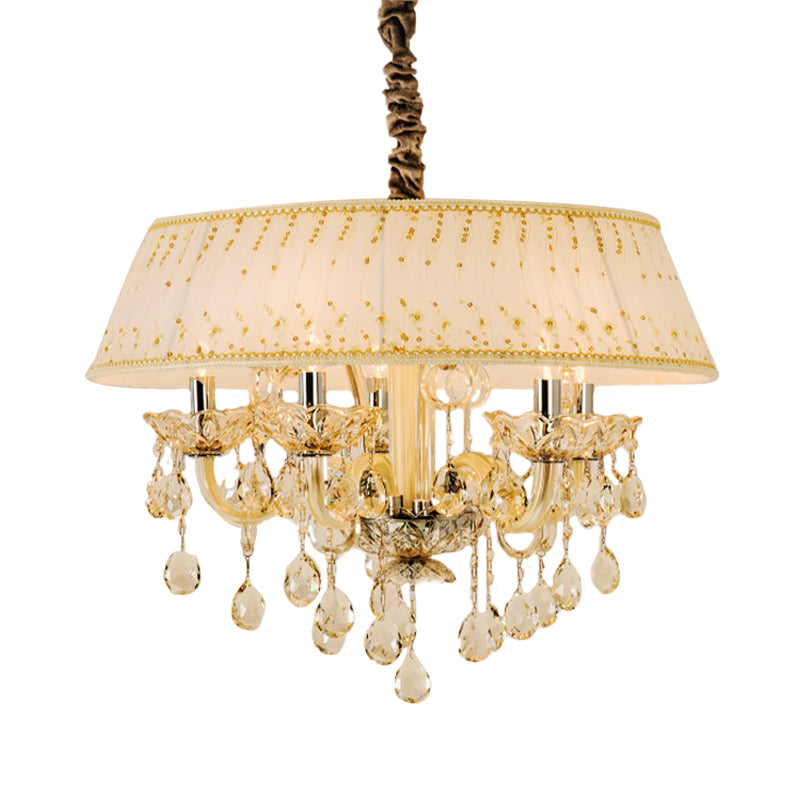 Drum Living Room Chandelier Light Contemporary Fabric 4 Heads Beige Hanging Lamp with Crystal Drop Clearhalo 'Ceiling Lights' 'Chandeliers' Lighting' options 286384