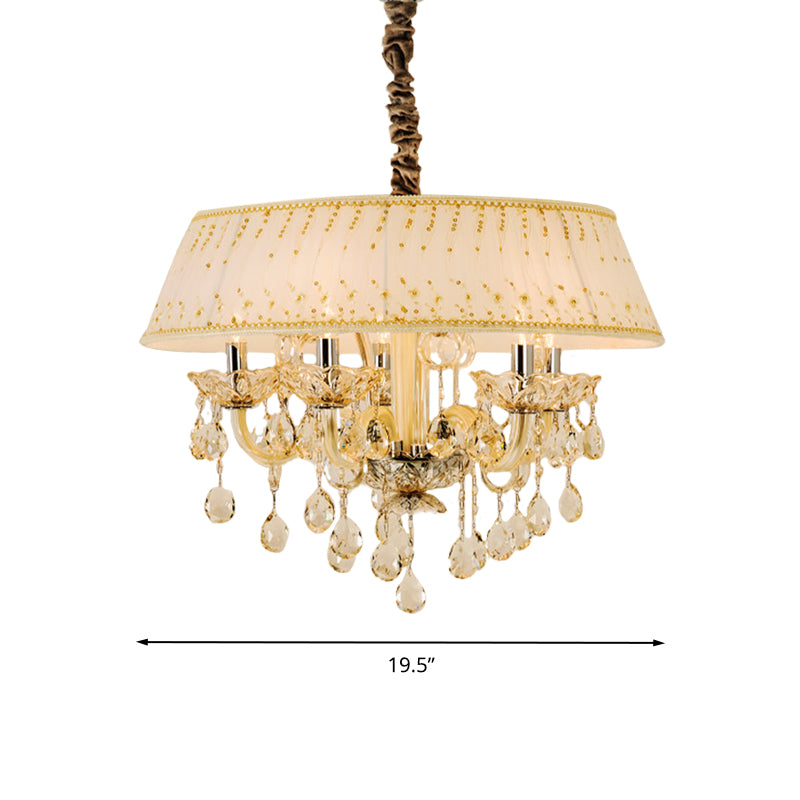 Drum Living Room Chandelier Light Contemporary Fabric 4 Heads Beige Hanging Lamp with Crystal Drop Clearhalo 'Ceiling Lights' 'Chandeliers' Lighting' options 286385