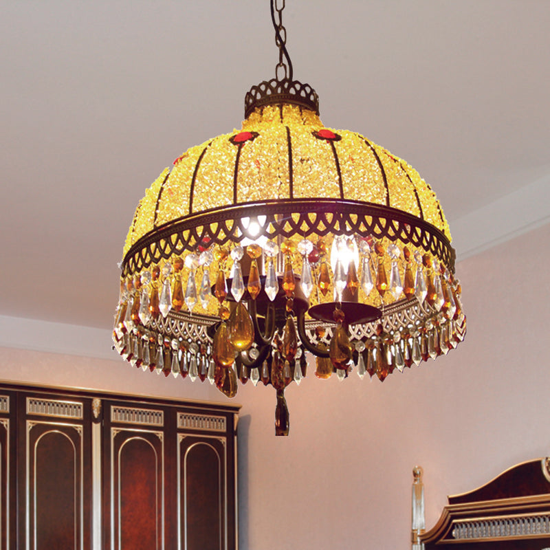 Yellow 3 Lights Hanging Chandelier Southeast Asian Style Crystal Drop Dome Ceiling Light Clearhalo 'Ceiling Lights' 'Chandeliers' Lighting' options 286388