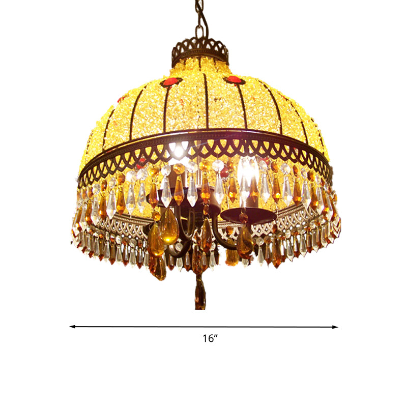 Yellow 3 Lights Hanging Chandelier Southeast Asian Style Crystal Drop Dome Ceiling Light Clearhalo 'Ceiling Lights' 'Chandeliers' Lighting' options 286391