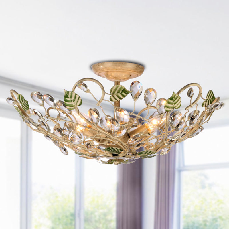 Dome Leaf Crystal Semi Flush Mount Lamp 6 Lights Living Room Ceiling Light in Gold Clearhalo 'Ceiling Lights' 'Close To Ceiling Lights' 'Close to ceiling' 'Semi-flushmount' Lighting' 286409