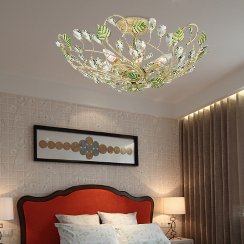 Dome Leaf Crystal Semi Flush Mount Lamp 6 Lights Living Room Ceiling Light in Gold Clearhalo 'Ceiling Lights' 'Close To Ceiling Lights' 'Close to ceiling' 'Semi-flushmount' Lighting' 286410