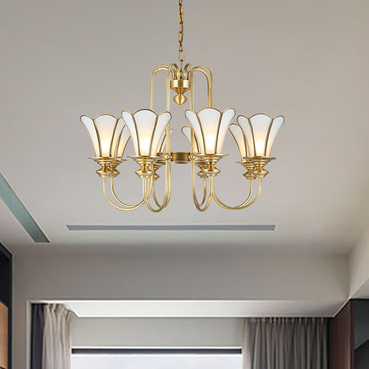 8 Lights Ceiling Chandelier Colonialism Flower White Frosted Glass Pendant Light in Gold with Curved Arm Gold Clearhalo 'Ceiling Lights' 'Chandeliers' 'Glass shade' 'Glass' Lighting' 286449