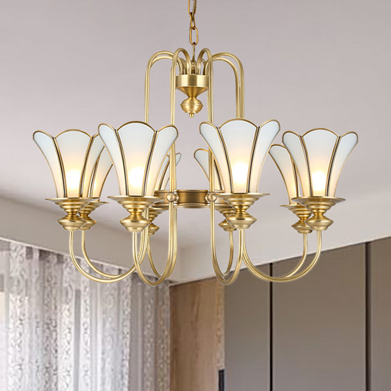 8 Lights Ceiling Chandelier Colonialism Flower White Frosted Glass Pendant Light in Gold with Curved Arm Clearhalo 'Ceiling Lights' 'Chandeliers' 'Glass shade' 'Glass' Lighting' 286450