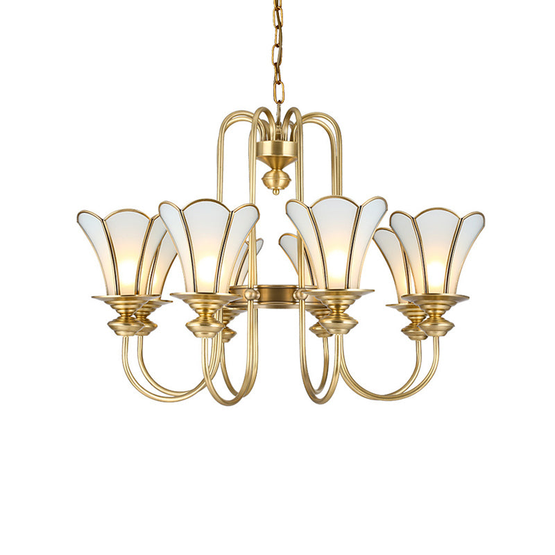 8 Lights Ceiling Chandelier Colonialism Flower White Frosted Glass Pendant Light in Gold with Curved Arm Clearhalo 'Ceiling Lights' 'Chandeliers' 'Glass shade' 'Glass' Lighting' 286452