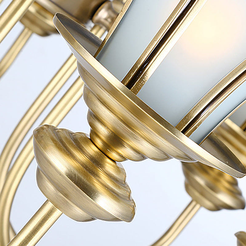 8 Lights Ceiling Chandelier Colonialism Flower White Frosted Glass Pendant Light in Gold with Curved Arm Clearhalo 'Ceiling Lights' 'Chandeliers' 'Glass shade' 'Glass' Lighting' 286454