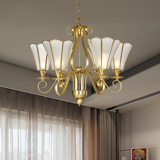 White Frosted Glass Floral Pendant Chandelier Colonialist 6 Lights Bedroom Suspended Lighting Fixture in Brass Brass Clearhalo 'Ceiling Lights' 'Chandeliers' 'Glass shade' 'Glass' Lighting' 286455