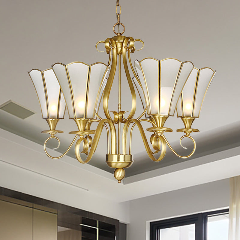 White Frosted Glass Floral Pendant Chandelier Colonialist 6 Lights Bedroom Suspended Lighting Fixture in Brass Clearhalo 'Ceiling Lights' 'Chandeliers' 'Glass shade' 'Glass' Lighting' 286456