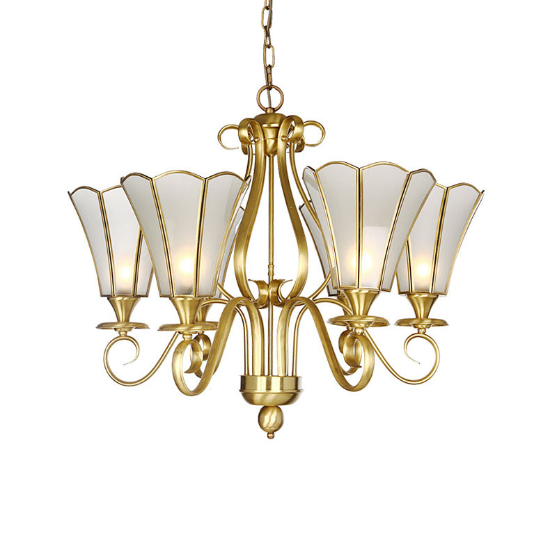 White Frosted Glass Floral Pendant Chandelier Colonialist 6 Lights Bedroom Suspended Lighting Fixture in Brass Clearhalo 'Ceiling Lights' 'Chandeliers' 'Glass shade' 'Glass' Lighting' 286458
