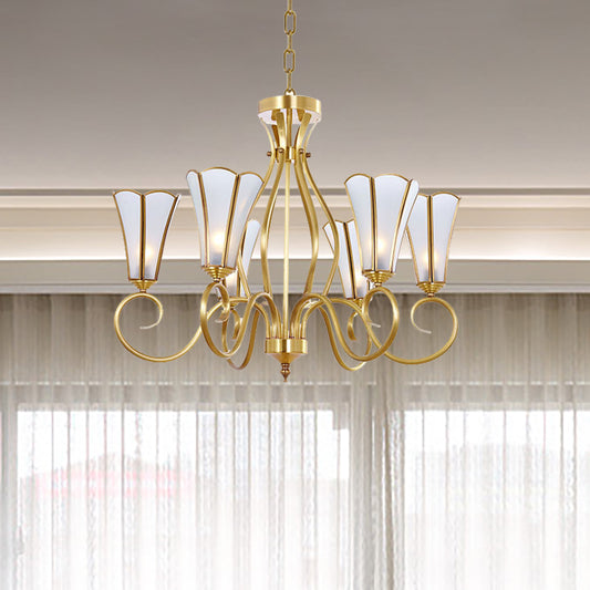 Gold Finish 6 Lights Chandelier Colonial Frosted Glass Flower Shaped Ceiling Pendant Light with Swirled Arm Gold Clearhalo 'Ceiling Lights' 'Chandeliers' 'Glass shade' 'Glass' Lighting' 286460