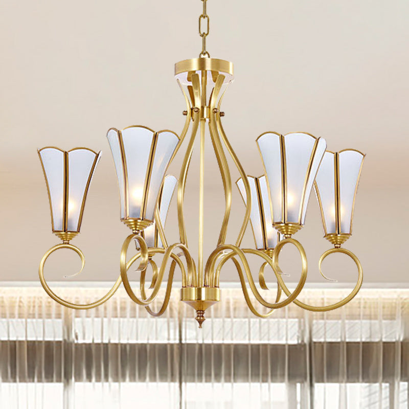 Gold Finish 6 Lights Chandelier Colonial Frosted Glass Flower Shaped Ceiling Pendant Light with Swirled Arm Clearhalo 'Ceiling Lights' 'Chandeliers' 'Glass shade' 'Glass' Lighting' 286461
