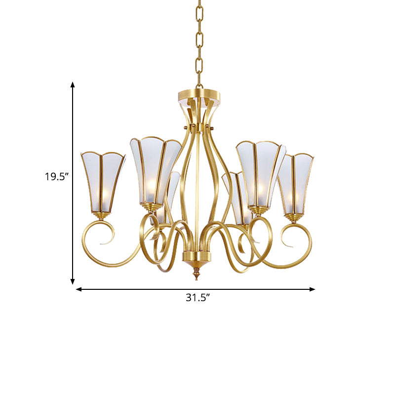 Gold Finish 6 Lights Chandelier Colonial Frosted Glass Flower Shaped Ceiling Pendant Light with Swirled Arm Clearhalo 'Ceiling Lights' 'Chandeliers' 'Glass shade' 'Glass' Lighting' 286464