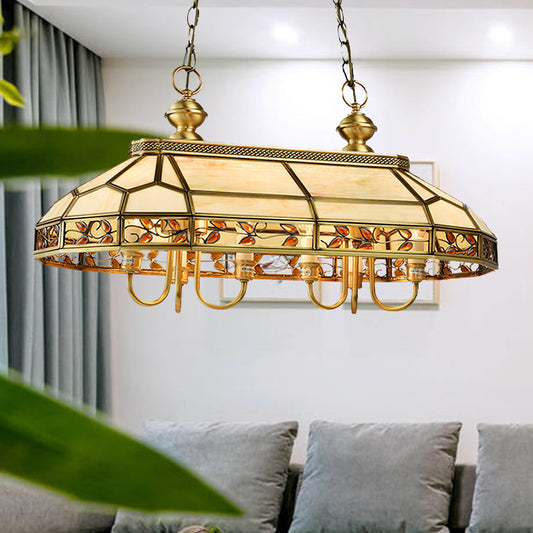 Colonial Faceted Island Lighting Fixture 6 Heads White Glass Pendant Ceiling Light in Gold Gold Clearhalo 'Ceiling Lights' 'Glass shade' 'Glass' 'Island Lights' Lighting' 286518