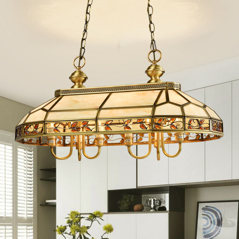 Colonial Faceted Island Lighting Fixture 6 Heads White Glass Pendant Ceiling Light in Gold Clearhalo 'Ceiling Lights' 'Glass shade' 'Glass' 'Island Lights' Lighting' 286519