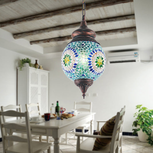 1 Light Spherical Pendant Light Fixture Moroccan Blue Metal Hanging Lamp Kit for Dining Room Clearhalo 'Ceiling Lights' 'Pendant Lights' 'Pendants' Lighting' 286536