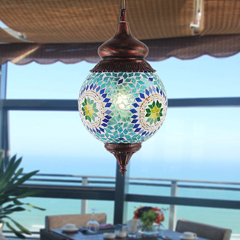 1 Light Spherical Pendant Light Fixture Moroccan Blue Metal Hanging Lamp Kit for Dining Room Clearhalo 'Ceiling Lights' 'Pendant Lights' 'Pendants' Lighting' 286537