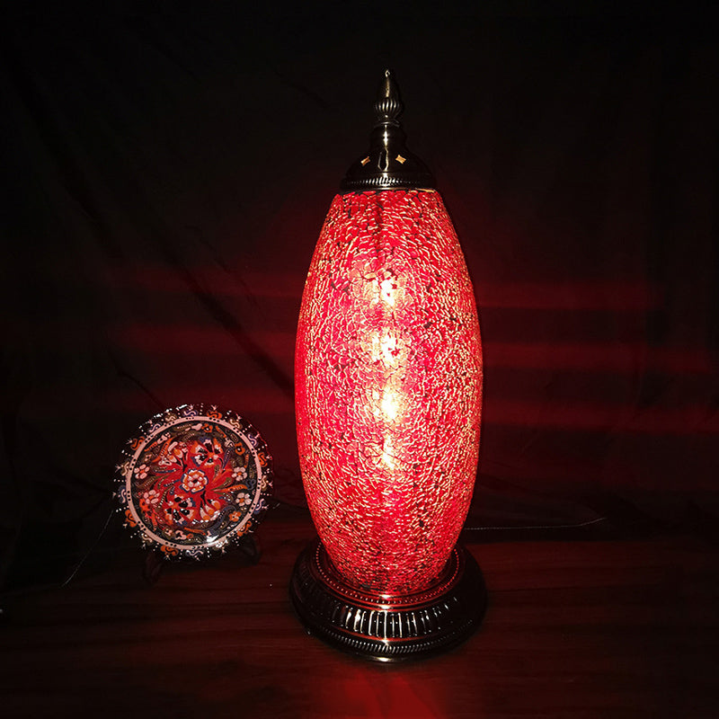 Elliptical Bedroom Nightstand Lamp Moroccan Red Crackle Glass Single Head Task Light for Bedroom Red Clearhalo 'Lamps' 'Table Lamps' Lighting' 286570