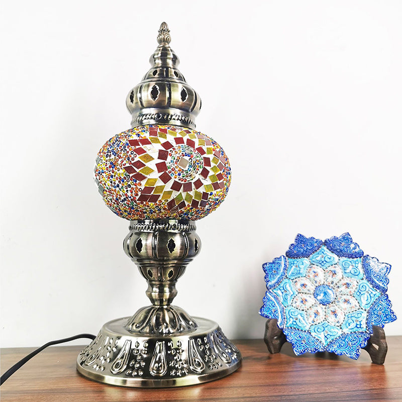 Stained Glass Bronze Night Light Sphere 1 Light Moroccan Style Table Lamp with Metal Base Clearhalo 'Lamps' 'Table Lamps' Lighting' 286599