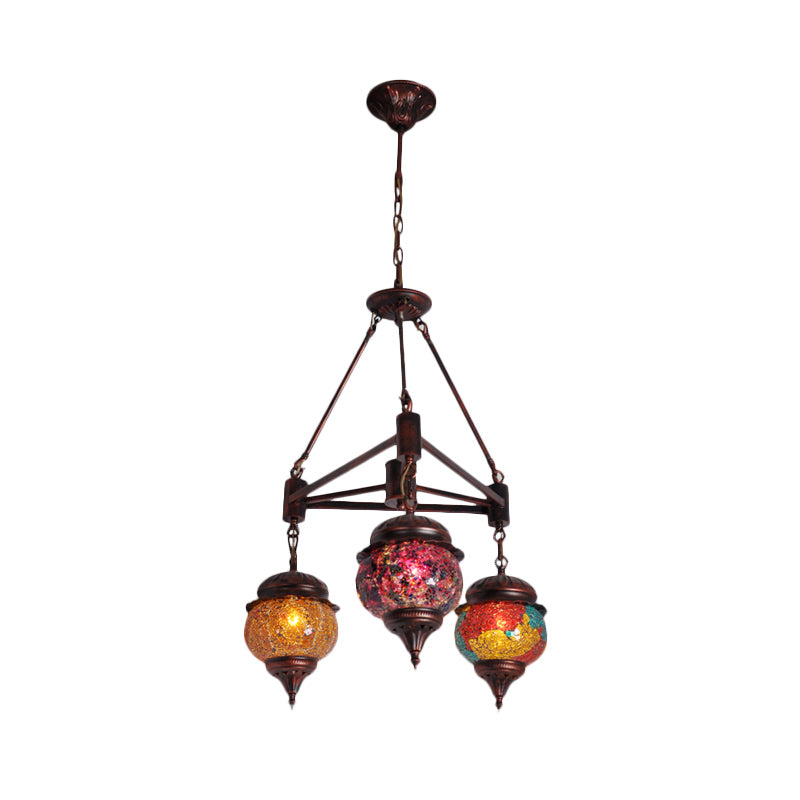 Globe Living Room Hanging Chandelier Moroccan Stained Glass 3 Lights Weathered Copper Pendant Lamp Clearhalo 'Ceiling Lights' 'Chandeliers' 'Close To Ceiling Lights' 'Glass shade' 'Glass' Lighting' 286622