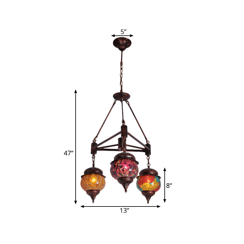 Globe Living Room Hanging Chandelier Moroccan Stained Glass 3 Lights Weathered Copper Pendant Lamp Clearhalo 'Ceiling Lights' 'Chandeliers' 'Close To Ceiling Lights' 'Glass shade' 'Glass' Lighting' 286623