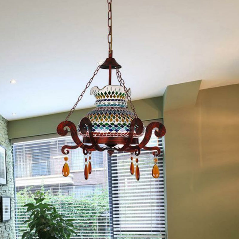 Stained Glass Weathered Copper Pendant Vase 1 Light Moroccan Style Hanging Light Kit Clearhalo 'Ceiling Lights' 'Chandeliers' 'Glass shade' 'Glass' 'Pendant Lights' 'Pendants' Lighting' 286634