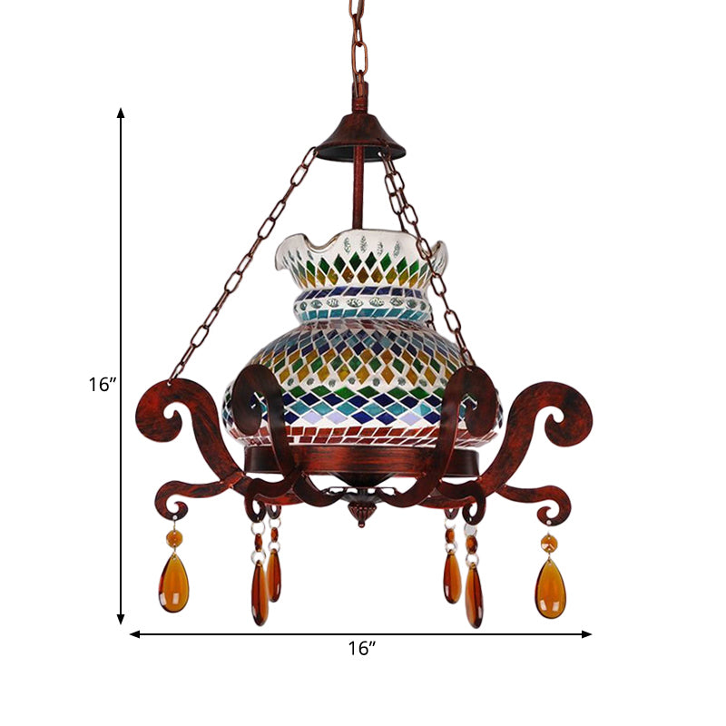 Stained Glass Weathered Copper Pendant Vase 1 Light Moroccan Style Hanging Light Kit Clearhalo 'Ceiling Lights' 'Chandeliers' 'Glass shade' 'Glass' 'Pendant Lights' 'Pendants' Lighting' 286636