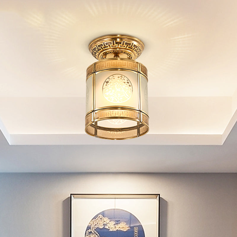 1 Light Semi Flush Mount Classic Cylinder Metal Ceiling Fixture in Brass for Corridor Brass B Clearhalo 'Ceiling Lights' 'Close To Ceiling Lights' 'Close to ceiling' 'Semi-flushmount' Lighting' 286662