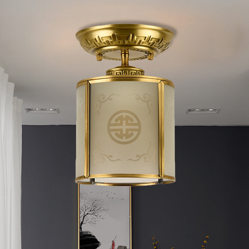 1 Light Semi Flush Mount Classic Cylinder Metal Ceiling Fixture in Brass for Corridor Brass D Clearhalo 'Ceiling Lights' 'Close To Ceiling Lights' 'Close to ceiling' 'Semi-flushmount' Lighting' 286667