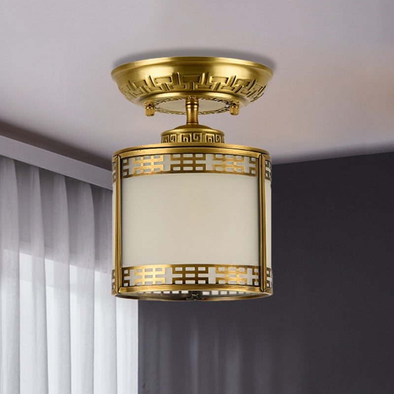 1 Light Semi Flush Mount Classic Cylinder Metal Ceiling Fixture in Brass for Corridor Brass A Clearhalo 'Ceiling Lights' 'Close To Ceiling Lights' 'Close to ceiling' 'Semi-flushmount' Lighting' 286671