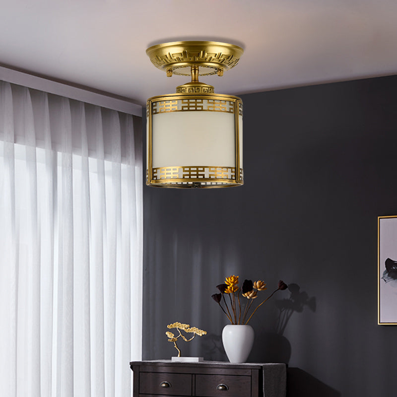 1 Light Semi Flush Mount Classic Cylinder Metal Ceiling Fixture in Brass for Corridor Clearhalo 'Ceiling Lights' 'Close To Ceiling Lights' 'Close to ceiling' 'Semi-flushmount' Lighting' 286672