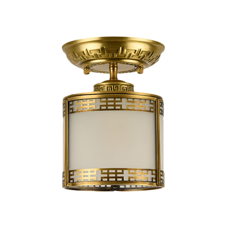 1 Light Semi Flush Mount Classic Cylinder Metal Ceiling Fixture in Brass for Corridor Clearhalo 'Ceiling Lights' 'Close To Ceiling Lights' 'Close to ceiling' 'Semi-flushmount' Lighting' 286673