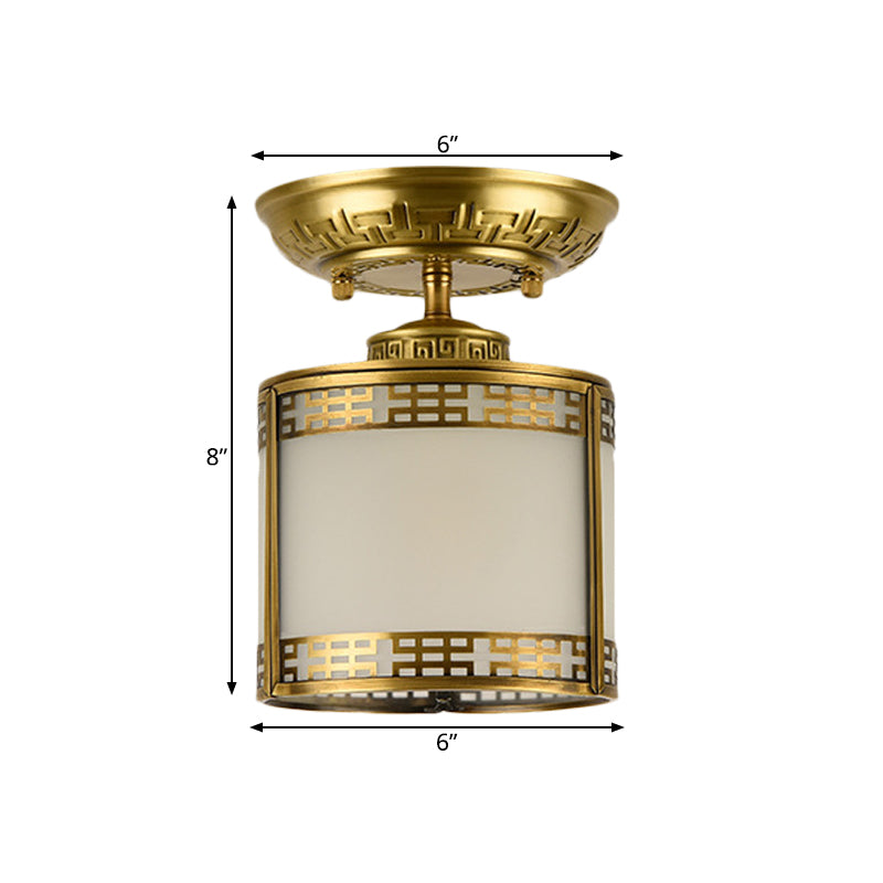 1 Light Semi Flush Mount Classic Cylinder Metal Ceiling Fixture in Brass for Corridor Clearhalo 'Ceiling Lights' 'Close To Ceiling Lights' 'Close to ceiling' 'Semi-flushmount' Lighting' 286674