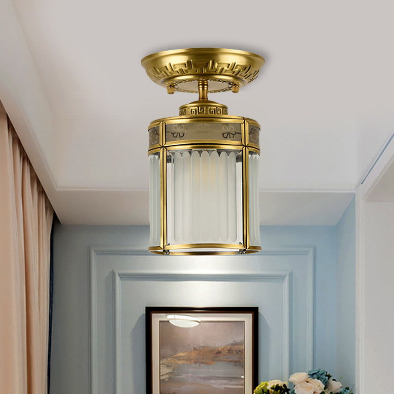 1 Light Metal Semi Mount Lighting Traditional Brass Cylinder Corridor Ceiling Lamp Brass Clearhalo 'Ceiling Lights' 'Close To Ceiling Lights' 'Close to ceiling' 'Semi-flushmount' Lighting' 286679