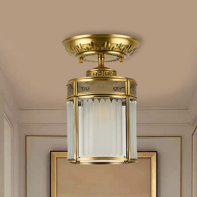 1 Light Metal Semi Mount Lighting Traditional Brass Cylinder Corridor Ceiling Lamp Clearhalo 'Ceiling Lights' 'Close To Ceiling Lights' 'Close to ceiling' 'Semi-flushmount' Lighting' 286680