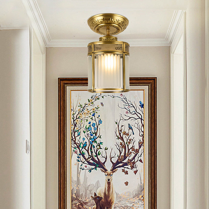 1 Light Metal Semi Mount Lighting Traditional Brass Cylinder Corridor Ceiling Lamp Clearhalo 'Ceiling Lights' 'Close To Ceiling Lights' 'Close to ceiling' 'Semi-flushmount' Lighting' 286681