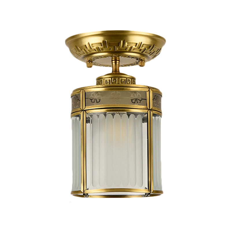 1 Light Metal Semi Mount Lighting Traditional Brass Cylinder Corridor Ceiling Lamp Clearhalo 'Ceiling Lights' 'Close To Ceiling Lights' 'Close to ceiling' 'Semi-flushmount' Lighting' 286682