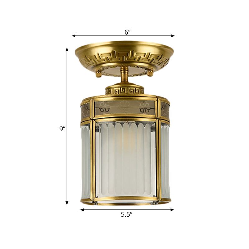 1 Light Metal Semi Mount Lighting Traditional Brass Cylinder Corridor Ceiling Lamp Clearhalo 'Ceiling Lights' 'Close To Ceiling Lights' 'Close to ceiling' 'Semi-flushmount' Lighting' 286683