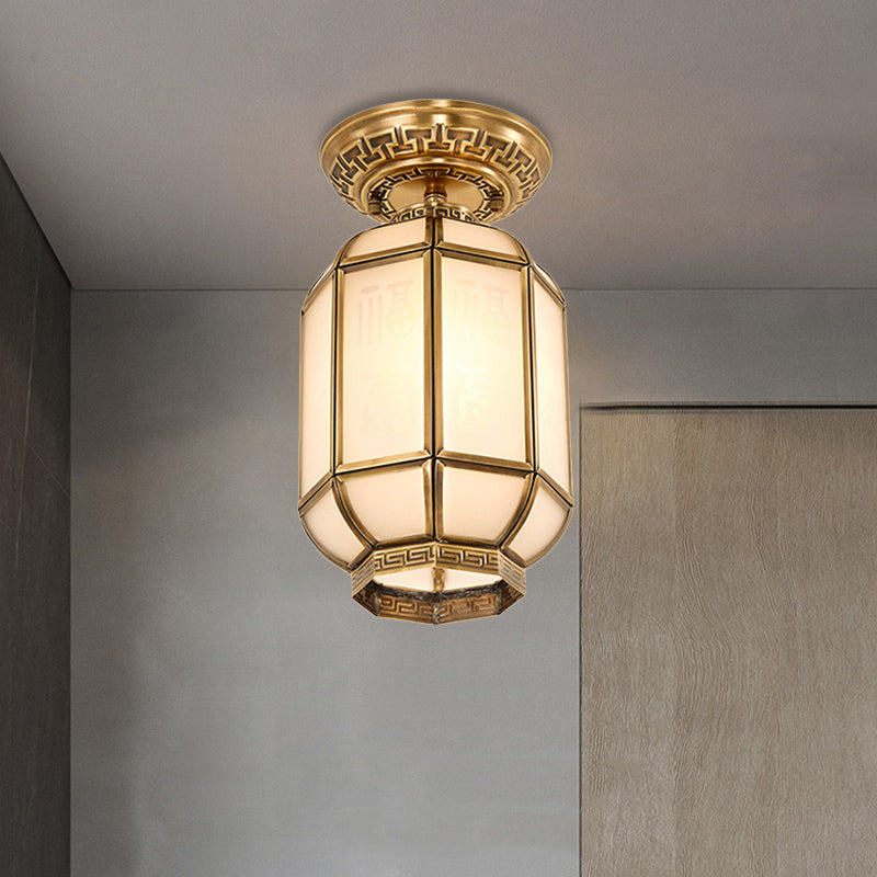 Lantern Frosted Glass Semi Flush Mount Lighting Classic 1 Light Corridor Ceiling Fixture in Brass Clearhalo 'Ceiling Lights' 'Chandeliers' 'Close To Ceiling Lights' 'Close to ceiling' 'Glass shade' 'Glass' 'Semi-flushmount' Lighting' 286685