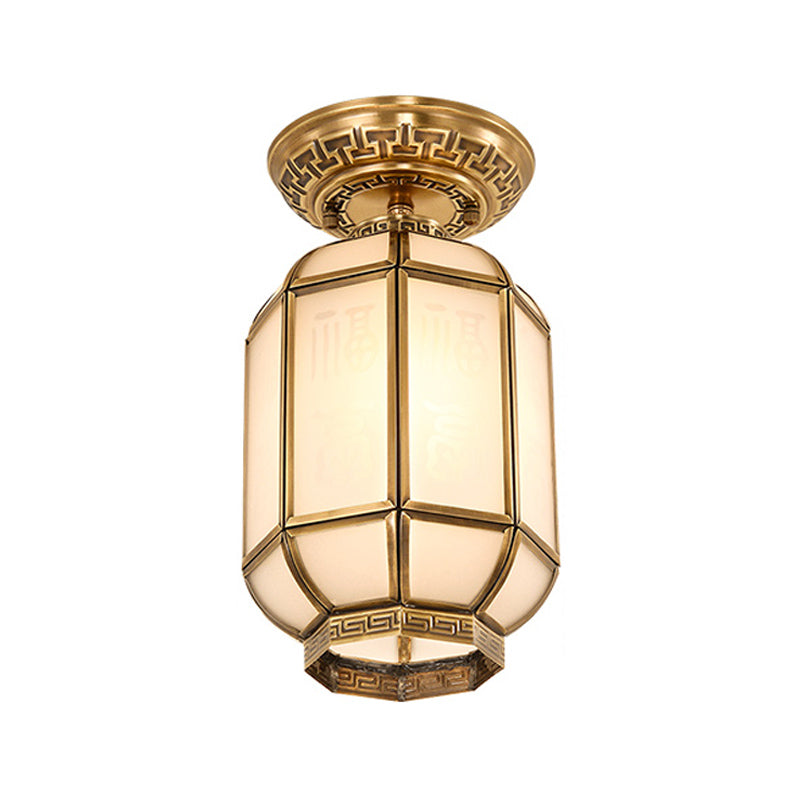 Lantern Frosted Glass Semi Flush Mount Lighting Classic 1 Light Corridor Ceiling Fixture in Brass Clearhalo 'Ceiling Lights' 'Chandeliers' 'Close To Ceiling Lights' 'Close to ceiling' 'Glass shade' 'Glass' 'Semi-flushmount' Lighting' 286687