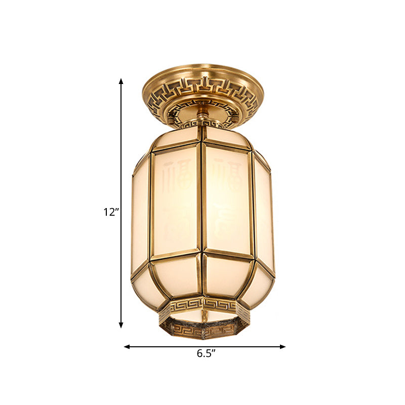 Lantern Frosted Glass Semi Flush Mount Lighting Classic 1 Light Corridor Ceiling Fixture in Brass Clearhalo 'Ceiling Lights' 'Chandeliers' 'Close To Ceiling Lights' 'Close to ceiling' 'Glass shade' 'Glass' 'Semi-flushmount' Lighting' 286688