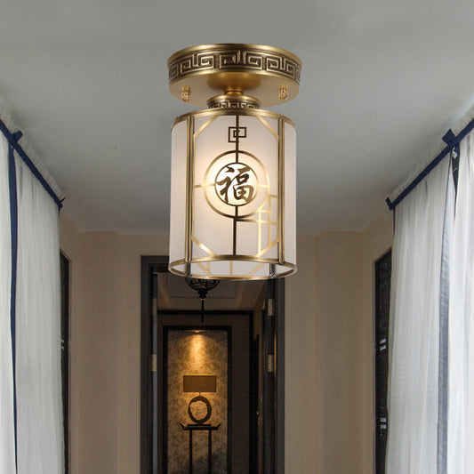 Brass 1 Light Semi Flush Traditional Style Frosted Glass Cylinder Ceiling Light Fixture with Metal Frame Brass Clearhalo 'Ceiling Lights' 'Close To Ceiling Lights' 'Close to ceiling' 'Semi-flushmount' Lighting' 286689