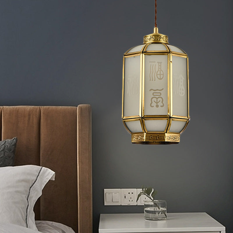 Lantern Corridor Drop Pendant Classic Metal 1 Light Brass Hanging Lamp with Frosted Glass Shade Clearhalo 'Ceiling Lights' 'Pendant Lights' 'Pendants' Lighting' 286770