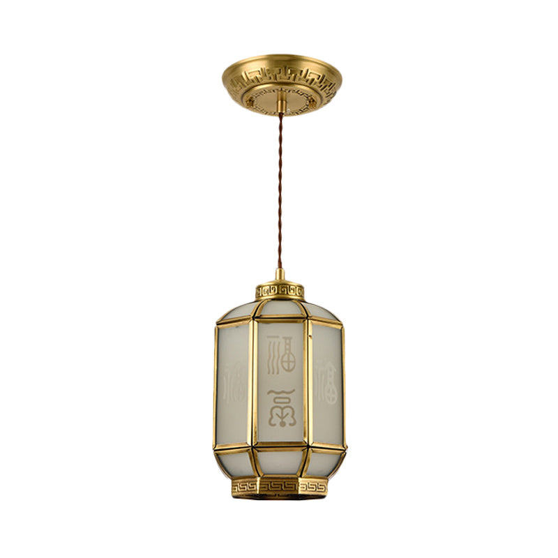 Lantern Corridor Drop Pendant Classic Metal 1 Light Brass Hanging Lamp with Frosted Glass Shade Clearhalo 'Ceiling Lights' 'Pendant Lights' 'Pendants' Lighting' 286772