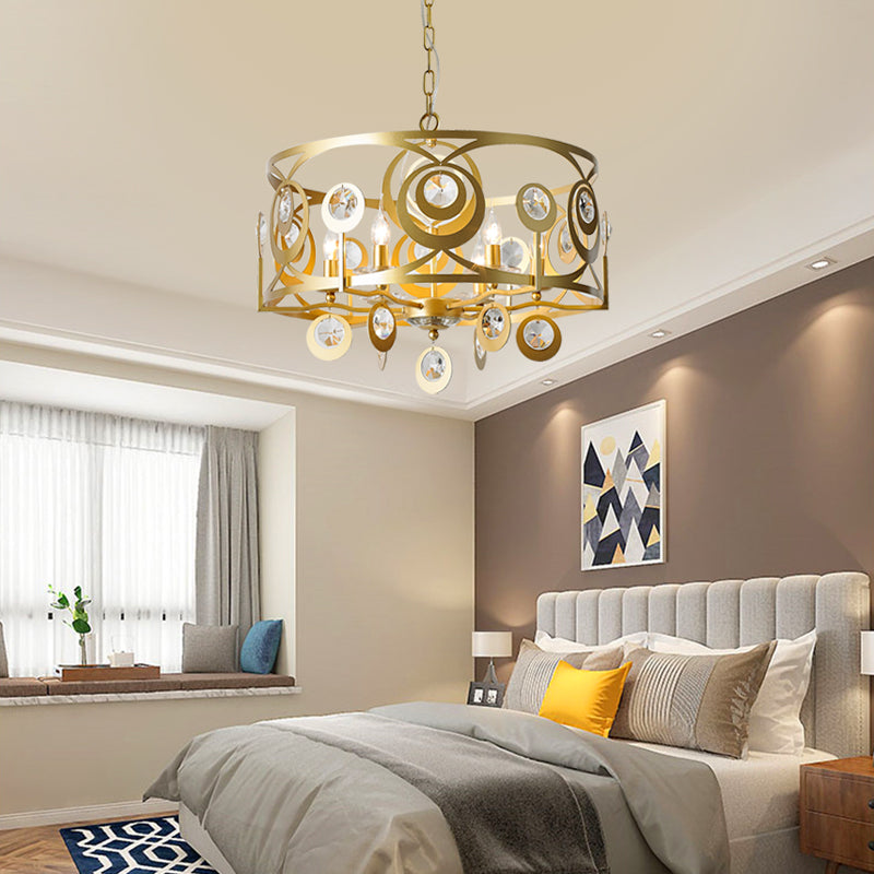 Round Bedroom Hanging Chandelier Postmodern Crystal Encrusted 4/6 Lights Gold Ceiling Pendant Clearhalo 'Ceiling Lights' 'Chandeliers' Lighting' options 286821