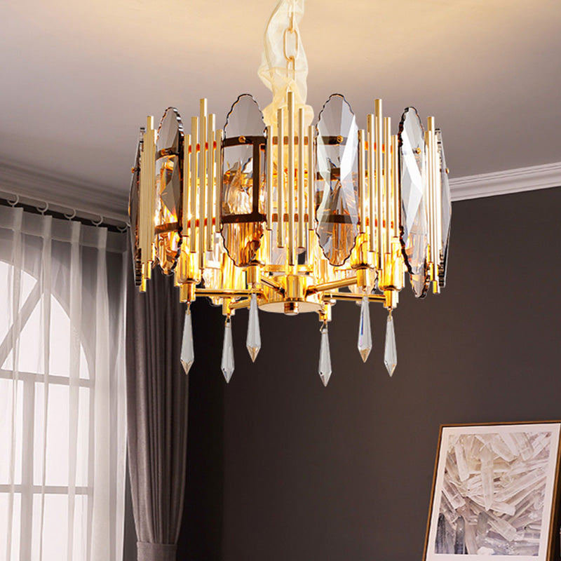 Crystal Block Gold Chandelier Light Fixture Round 6 Heads Traditional Pendant Lighting Clearhalo 'Ceiling Lights' 'Chandeliers' Lighting' options 286859