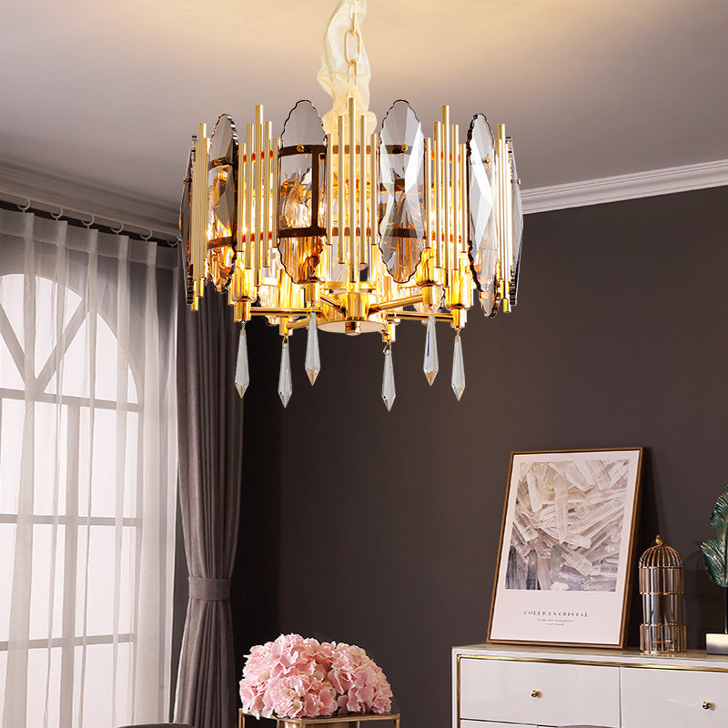 Crystal Block Gold Chandelier Light Fixture Round 6 Heads Traditional Pendant Lighting Clearhalo 'Ceiling Lights' 'Chandeliers' Lighting' options 286861