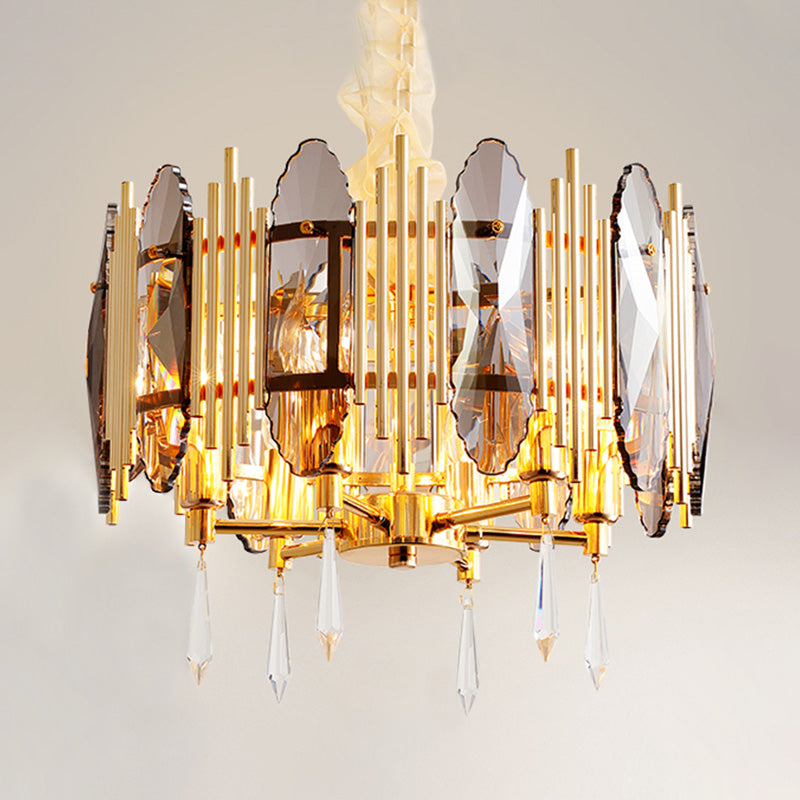 Crystal Block Gold Chandelier Light Fixture Round 6 Heads Traditional Pendant Lighting Clearhalo 'Ceiling Lights' 'Chandeliers' Lighting' options 286862