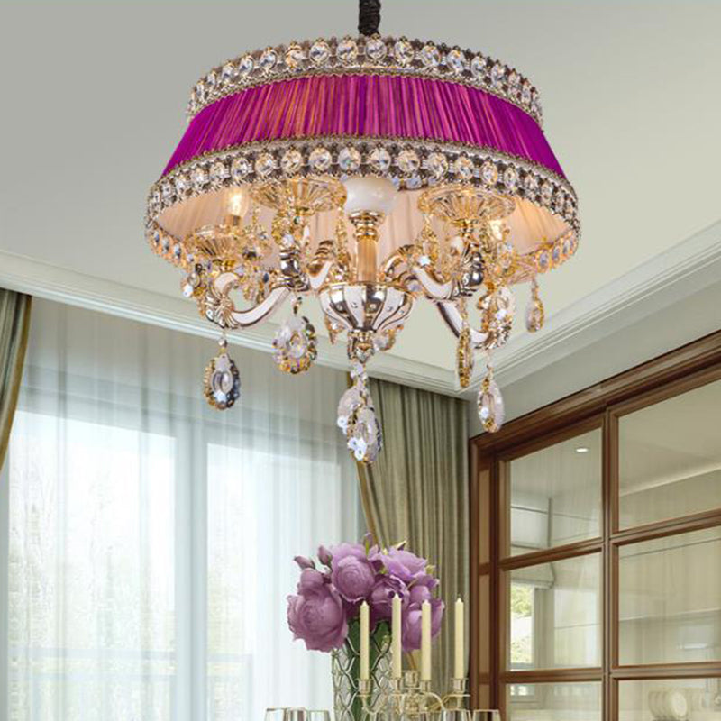 Candle Style Crystal Drop Ceiling Lamp Contemporary 5 Heads Living Room Chandelier Lighting in Blue/Purple with Fabric Shade Clearhalo 'Ceiling Lights' 'Chandeliers' Lighting' options 286871